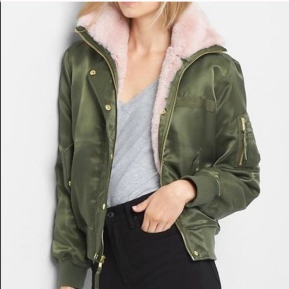 GAP Jackets & Blazers - NWT GAP Olive Green Satin Pink Fur Aviator Bomber